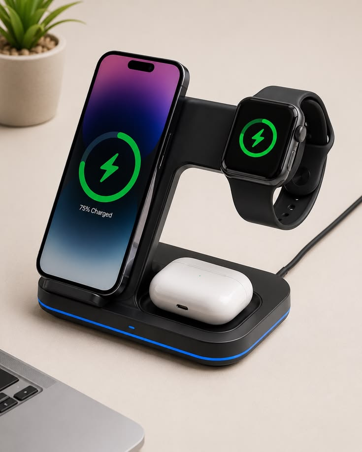 NOVEX 3-in-1 Wireless Charging Station for iPhone 17 16 15 14 13 12 Pro Max iWatch 11 Airpods Pro 4/3 Fast Charger Stand Dock