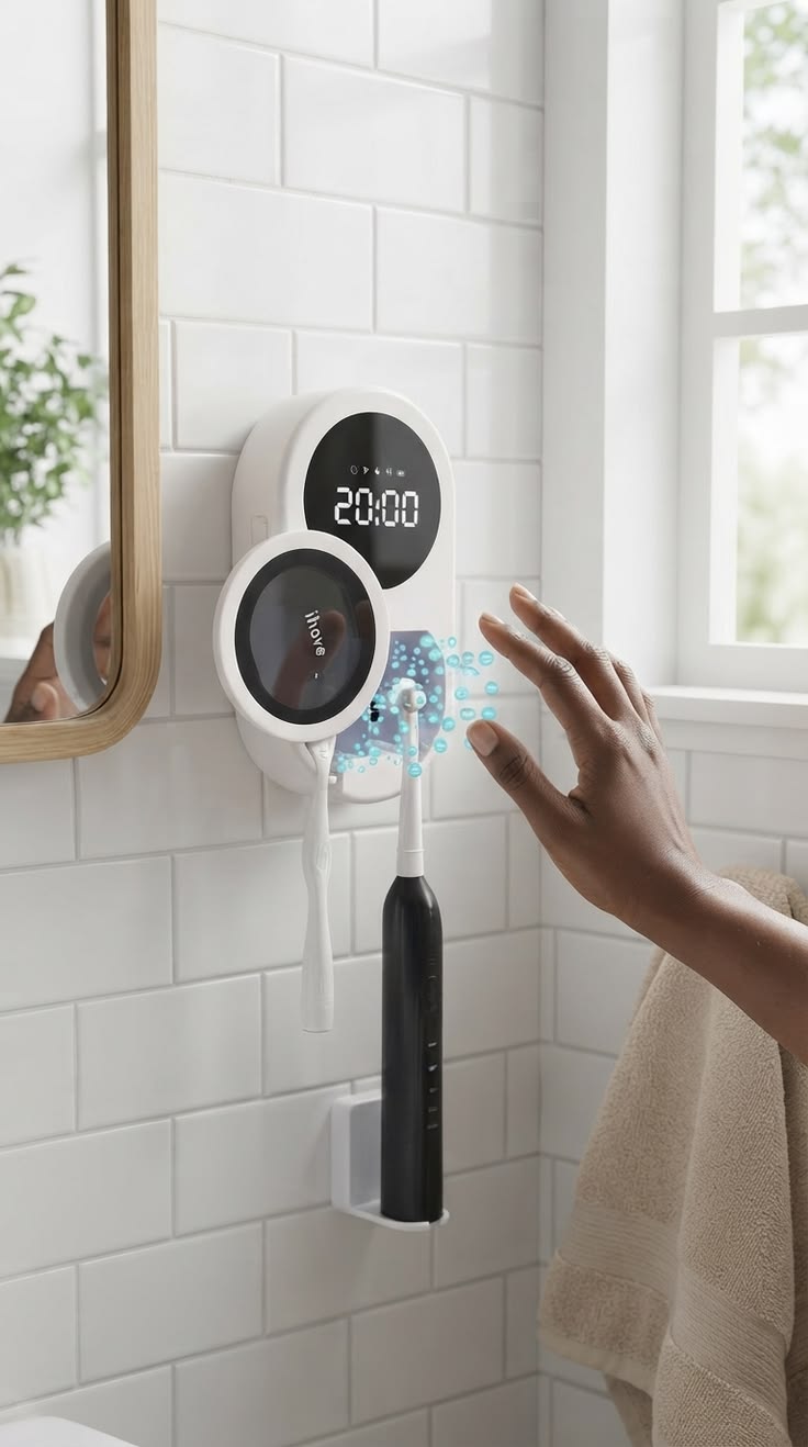 Smart Electric Toothbrush with Digital Display & Wall-Mounted Charging Holder