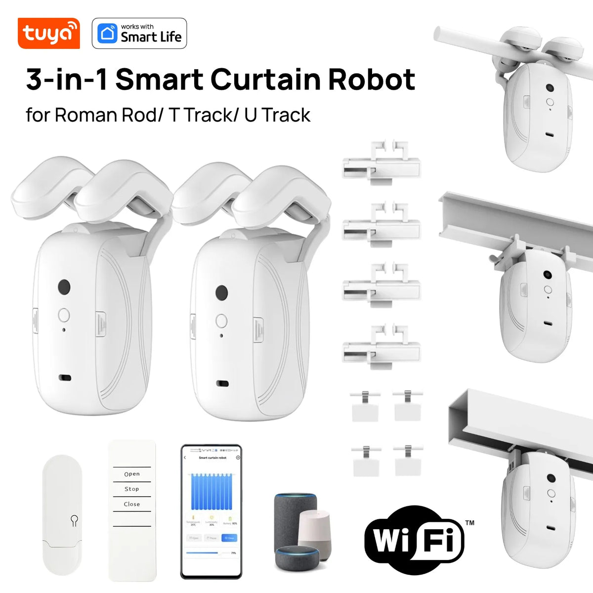 Tuya Smart Curtain Robot Curtain Motor 3-in-1 Wi-Fi Tuya APP Remote control Timed switch, Pull-to-start For Roman T U Tracks