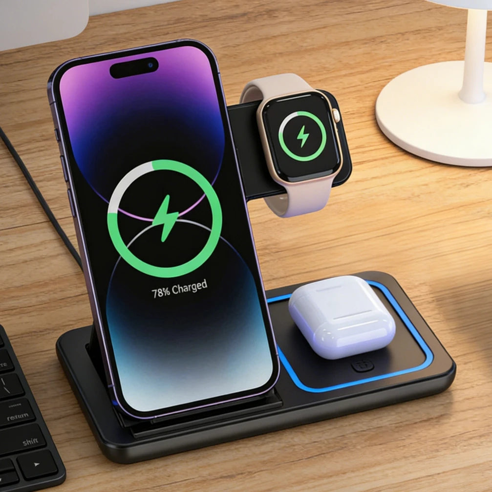 NOVEX 3-in-1 Wireless Charging Station for iPhone 17 16 15 14 13 12 Pro Max iWatch 11 Airpods Pro 4/3 Fast Charger Stand Dock