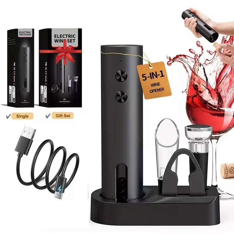 NOVEX Electric Wine Opener Set – Rechargeable USB-C Corkscrew with Foil Cutter, Wine Pourer & Vacuum Stopper