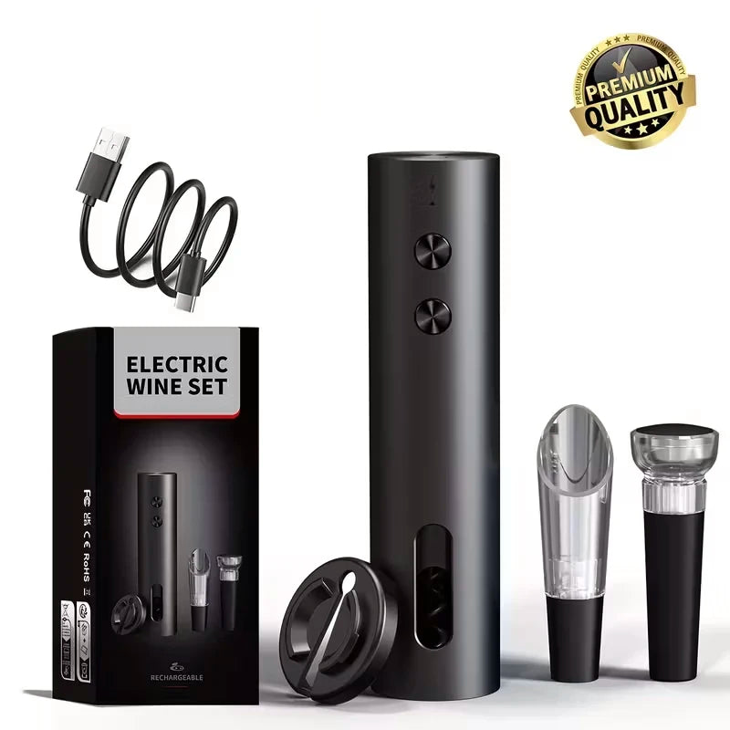 NOVEX Electric Wine Opener Set – Rechargeable USB-C Corkscrew with Foil Cutter, Wine Pourer & Vacuum Stopper