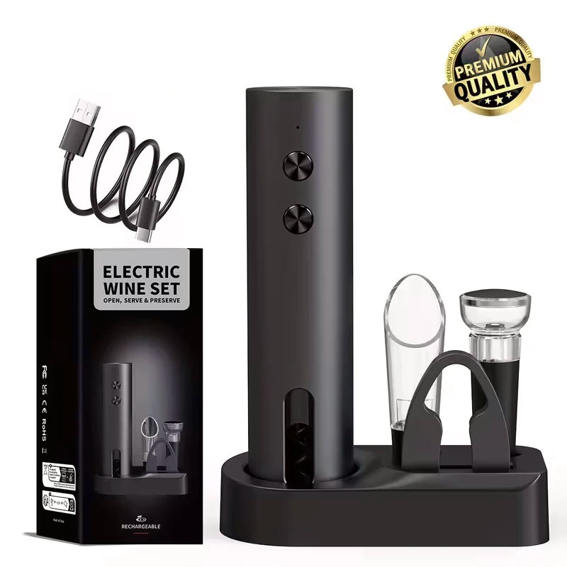 NOVEX Electric Wine Opener Set – Rechargeable USB-C Corkscrew with Foil Cutter, Wine Pourer & Vacuum Stopper