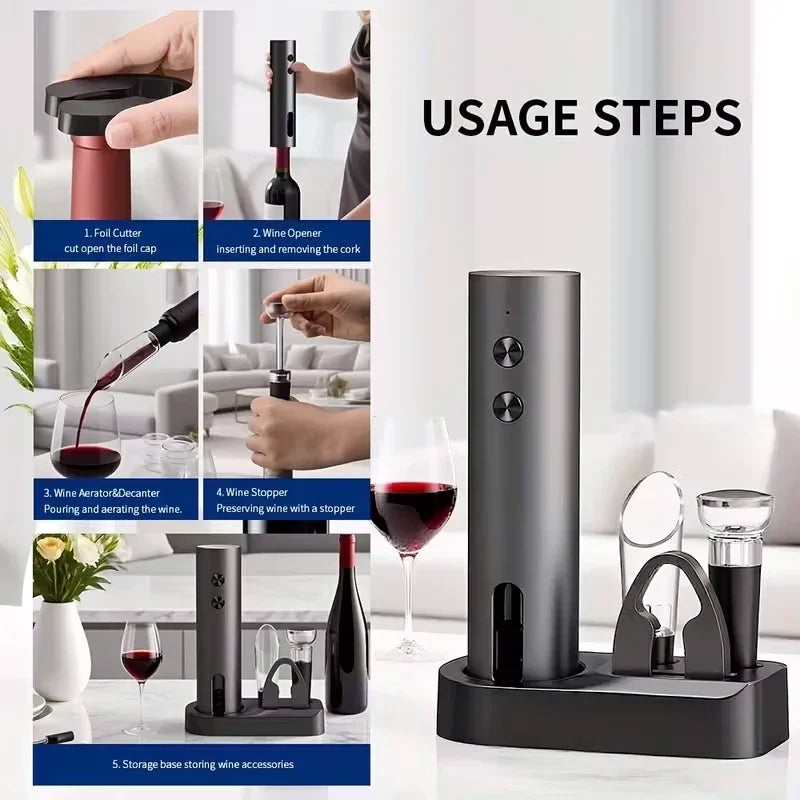NOVEX Electric Wine Opener Set – Rechargeable USB-C Corkscrew with Foil Cutter, Wine Pourer & Vacuum Stopper
