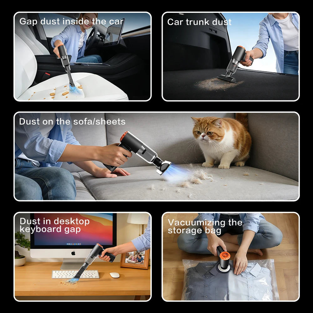 High-Power Mini Car Vacuum cleaner-20000Pa, 130,000RPM Brushless Motor, 4000mAh Battery, Dual Nozzles for Car/Home/Keyboard & Vacuum Storag